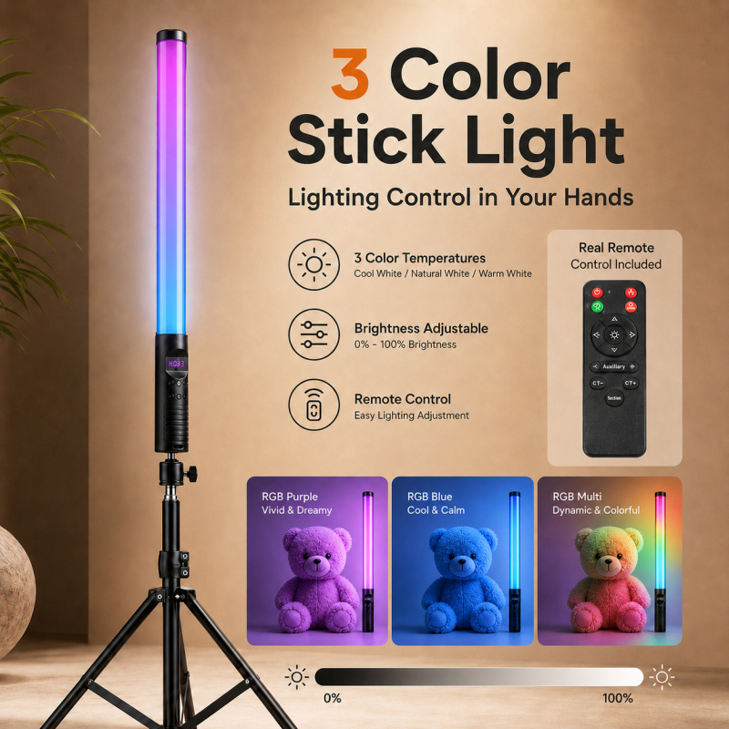 Photography Lighting Description - RGBハンドヘルドビデオライトワンド、写真撮影、Vlog、ライブストリーム、スタジオ、屋内撮影用のポータブルLEDフィルライト