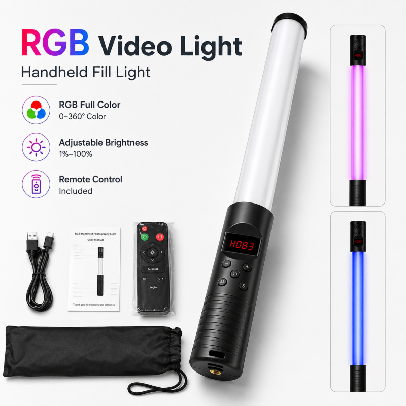 RGBハンドヘルドビデオライトワンド、写真撮影、Vlog、ラ - Photography Lighting Description のレビューと価格