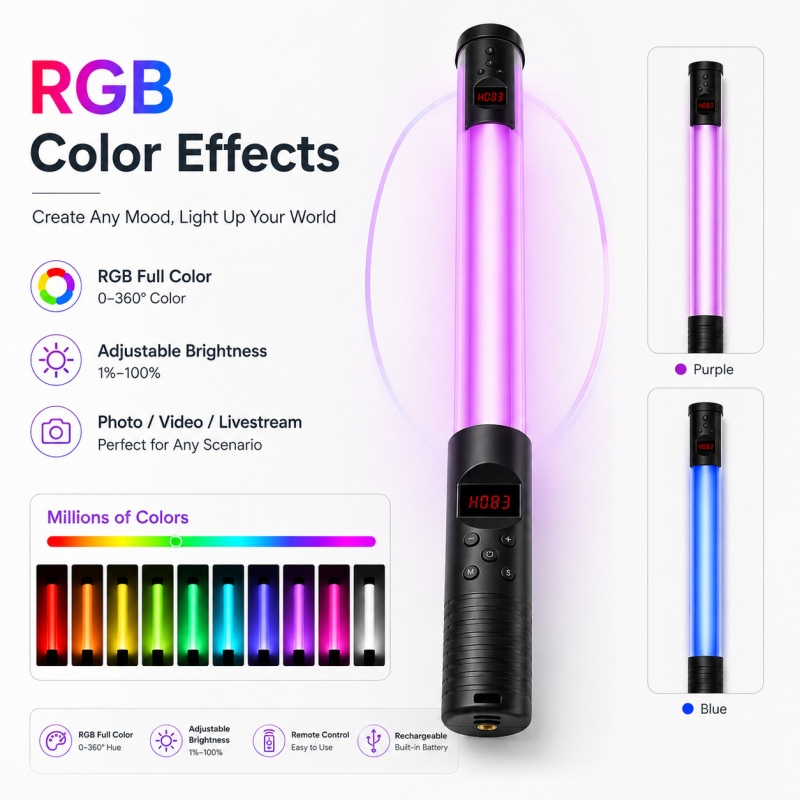 RGBハンドヘルドビデオライトワンド、写真撮影、Vlog、ラ - Photography Lighting Description のレビューと価格